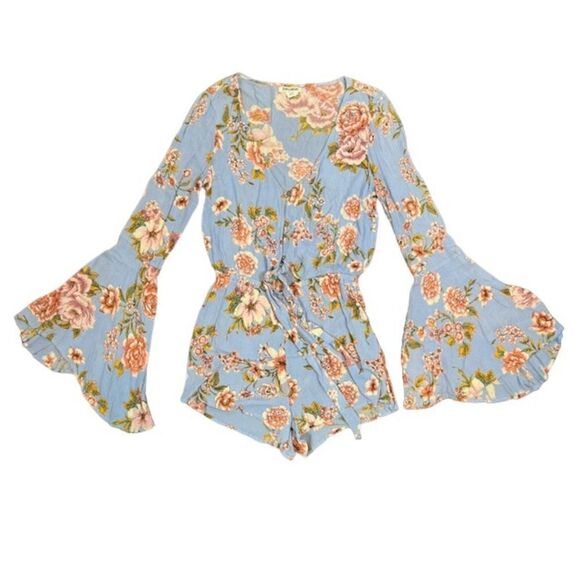 Billabong Sittin Pretty Romper Short Dusty Blue Rust Floral Breezy Size Medium - Picture 3 of 10